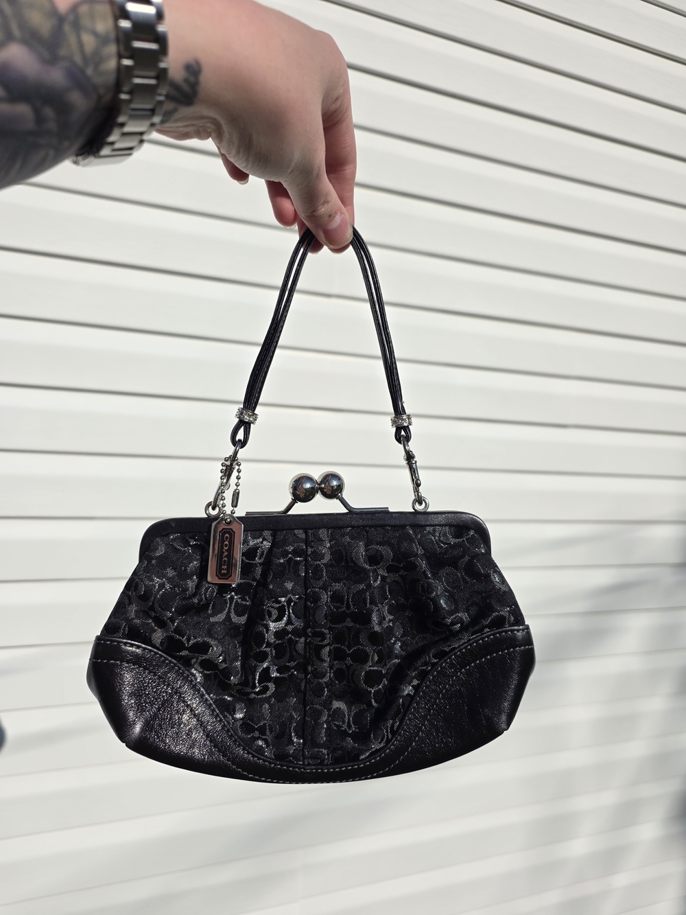 VTG Coach Mini 3597 Kisslock Signature C Chenille Lurex Leather Trim Evening Bag